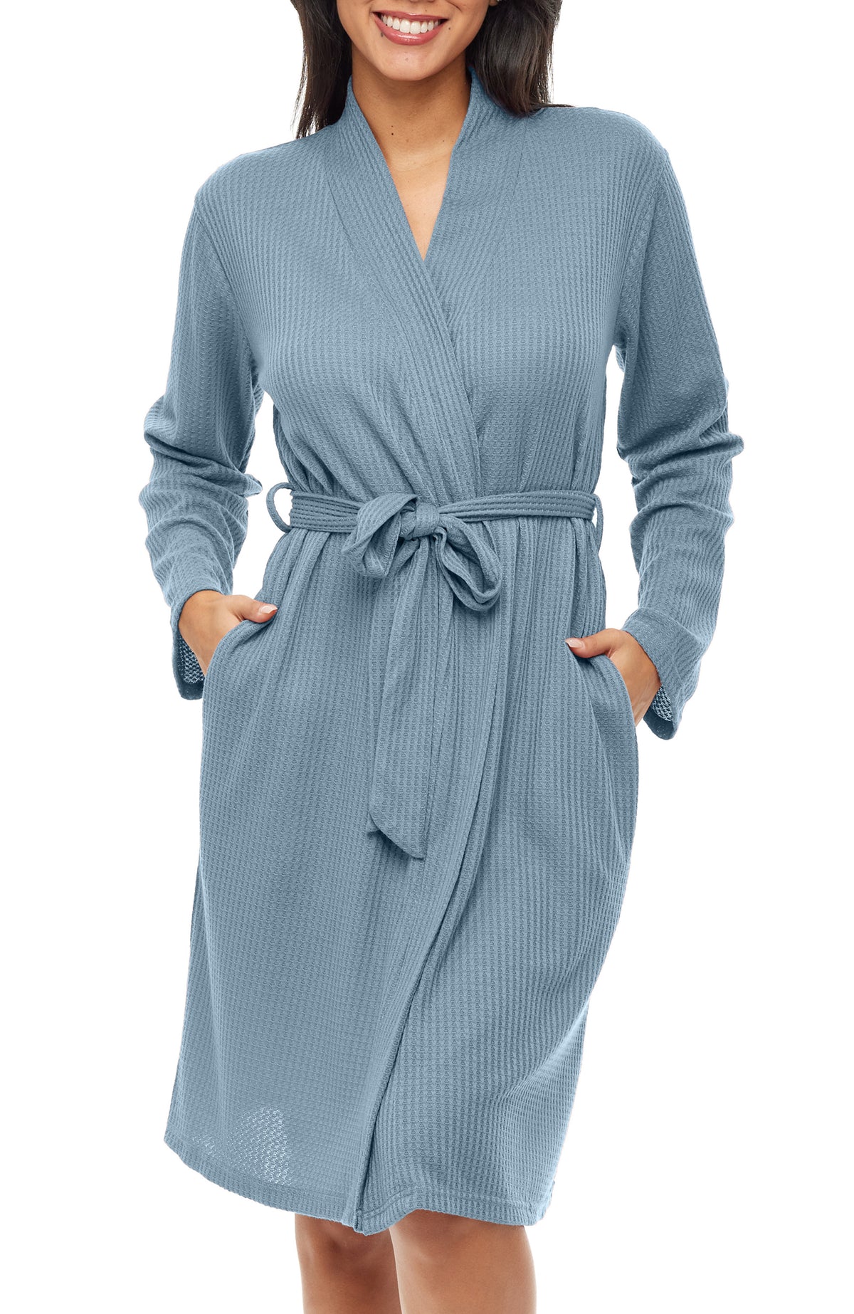 Women's Shadow Blue Knit Wrap Robe with Pockets, Lightweight Bathrobe