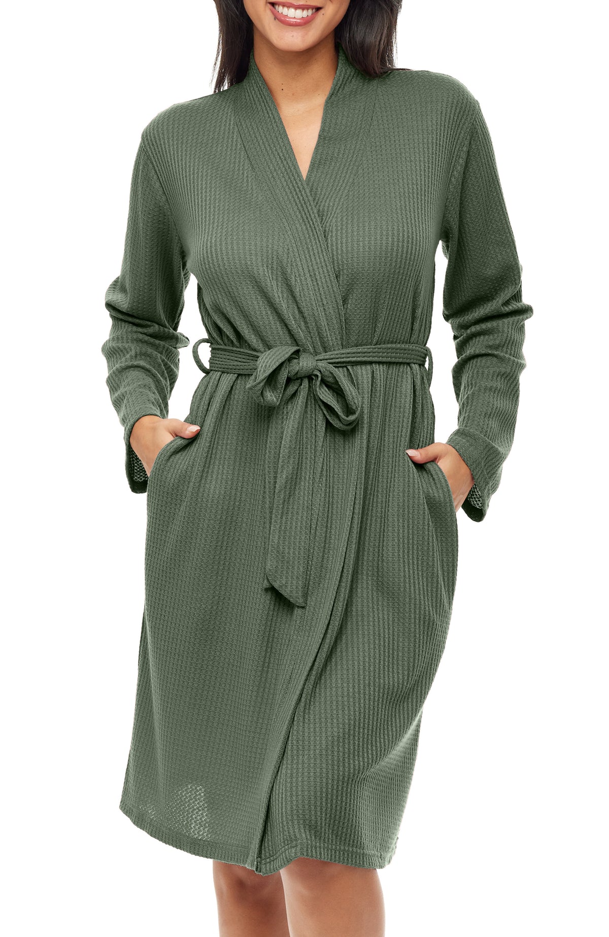 Women's Shadow Green Knit Wrap Robe with Pockets, Lightweight Bathrobe