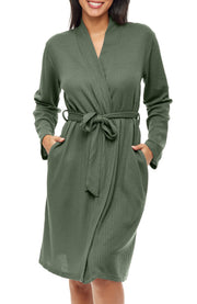 Women's Shadow Green Knit Wrap Robe with Pockets, Lightweight Bathrobe