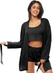 Women's Black Knit Robe and Pajamas Set - Robe, Cami Top and Sleep Shorts