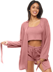 Women's Rose Taupe Knit Robe and Pajamas Set - Robe, Cami Top and Sleep Shorts