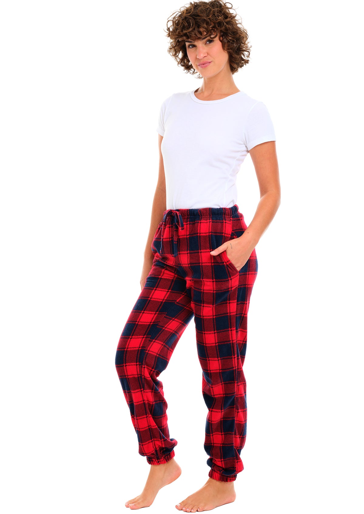 Red and Navy Plaid Polar Fleece Pajama Pants for Women, Joggers, Sweatpants, PJ Bottoms