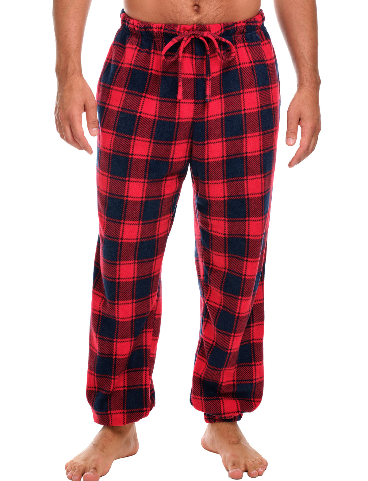 Red and Navy Plaid Polar Fleece Pajama Pants for Men, Joggers, Sweatpants, PJ Bottoms