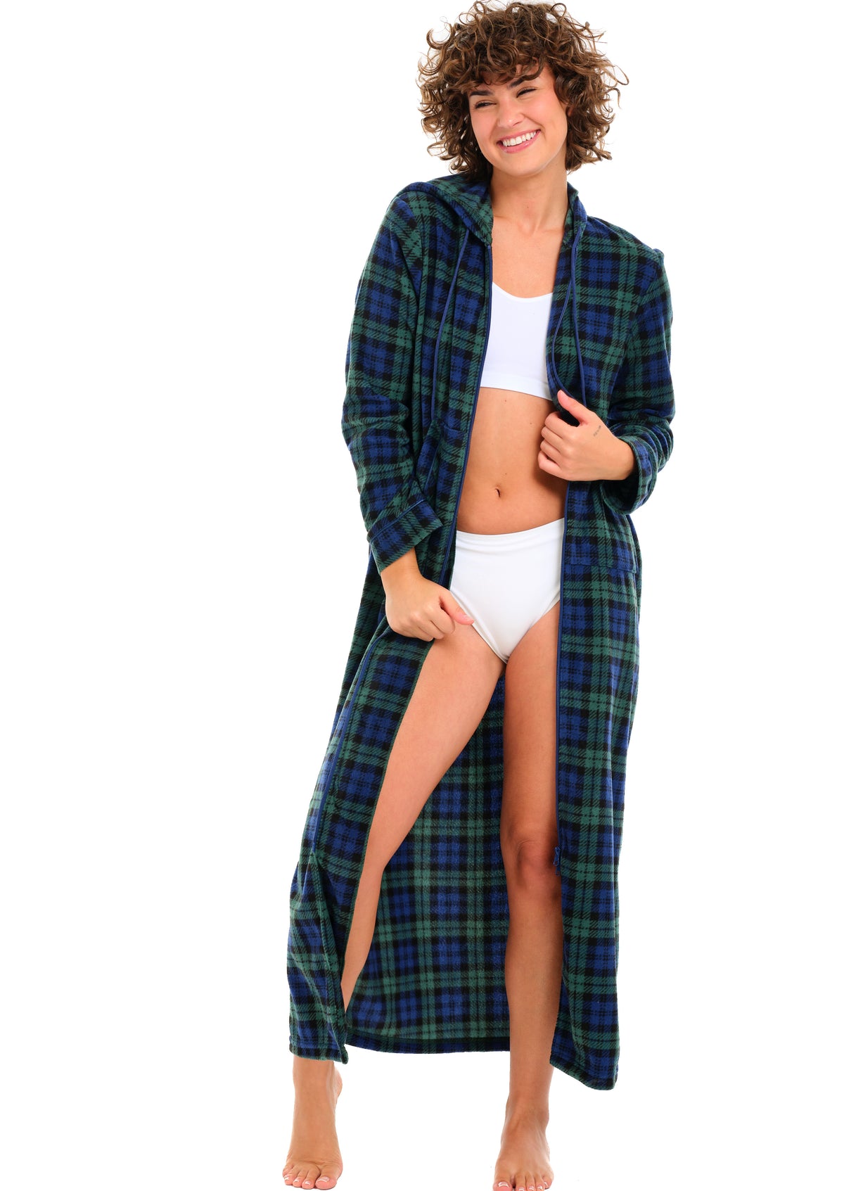 Black Watch Tartan Plaid Fleece Nightgown for Women – Full Length with Zipper & Hood