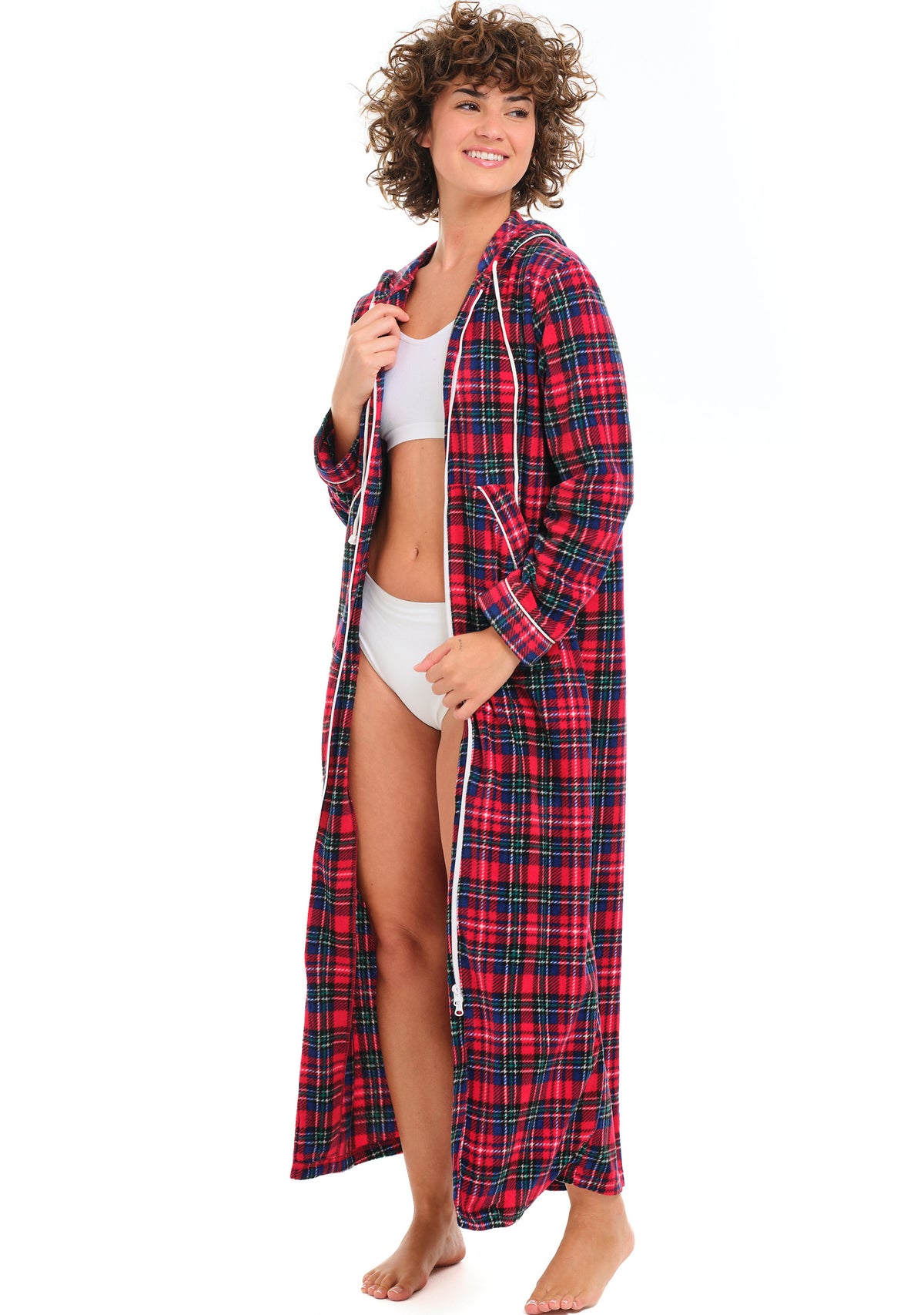 Christmas Plaid Fleece Nightgown for Women – Full Length with Zipper & Hood