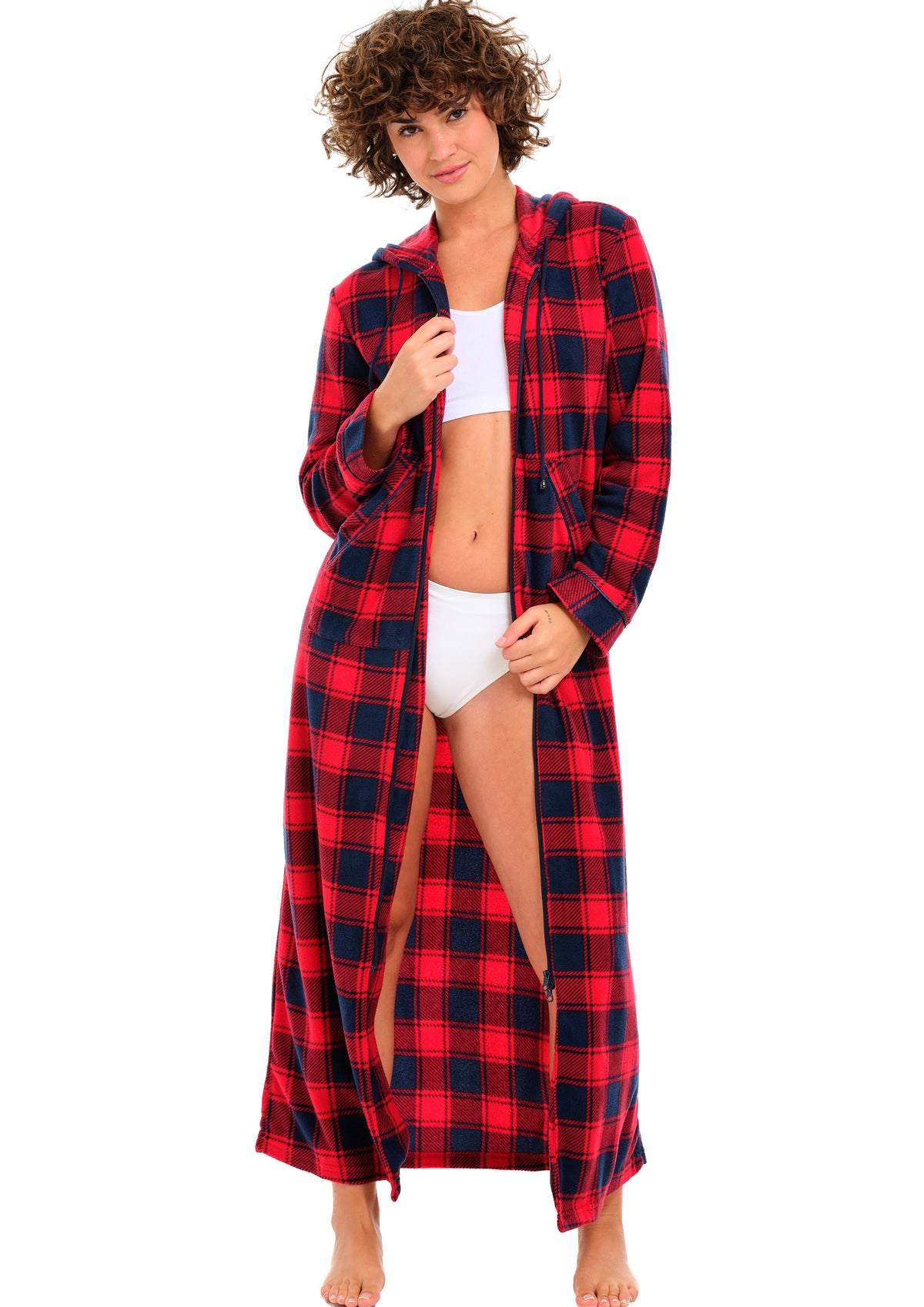 Red and Navy Plaid Fleece Nightgown for Women – Full Length with Zipper & Hood