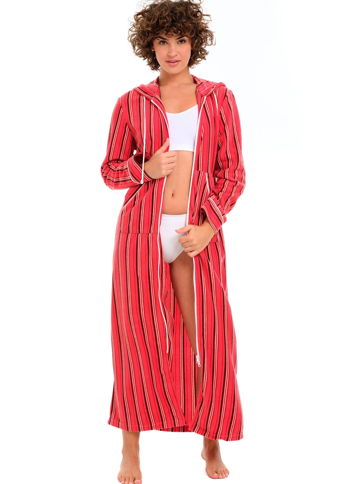 Cabin Stripe Fleece Nightgown for Women – Full Length with Zipper & Hood