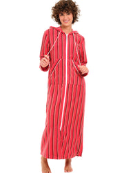 Cabin Stripe Fleece Nightgown for Women – Full Length with Zipper & Hood