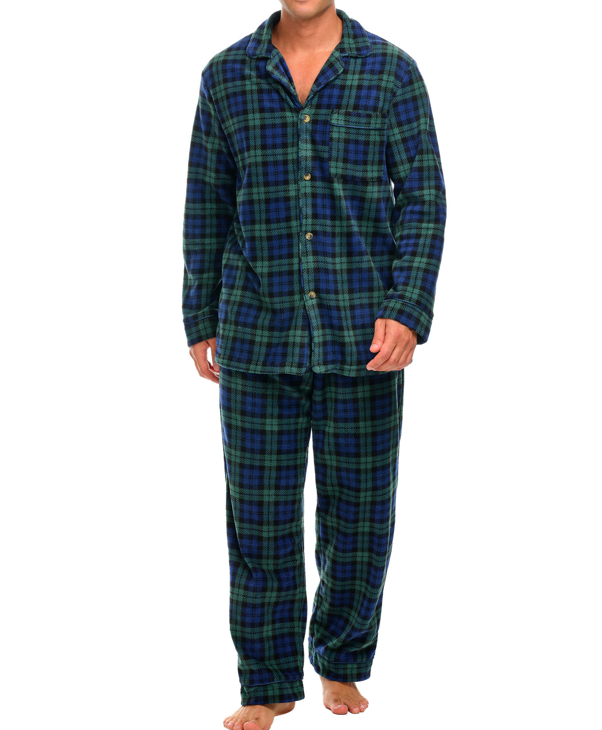Black Watch Tartan Plaid Lightweight Fleece Pajamas for Men, Long Sleeve Button Up PJ Set with Pockets