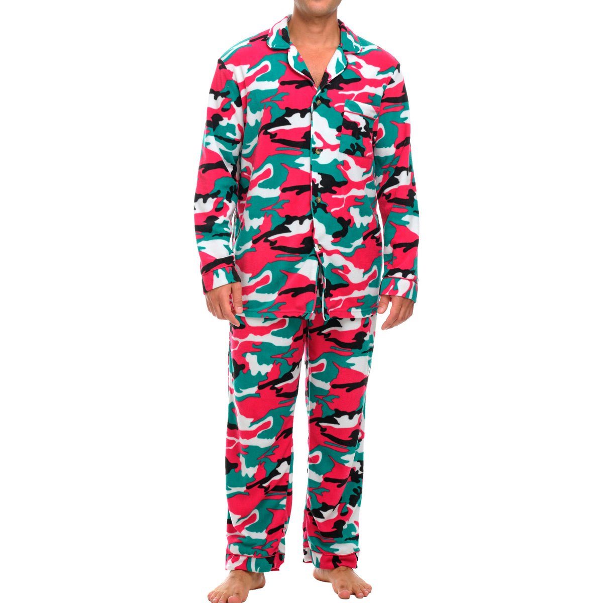 Christmas Camouflage Lightweight Fleece Pajamas for Men, Long Sleeve Button Up PJ Set with Pockets