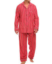 Cabin Stripe Lightweight Fleece Pajamas for Men, Long Sleeve Button Up PJ Set with Pockets