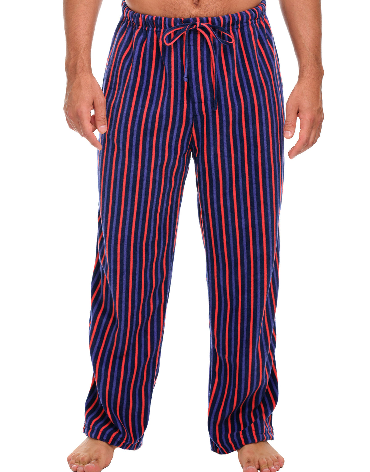 Men's Cranberry Navy Stripe Soft Polar Fleece Pajama Pants, Sweatpants, Pj Bottoms