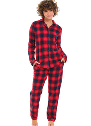 Red and Navy Plaid Lightweight Fleece Pajamas for Women, Long Sleeve Button Up PJ Set with Pockets