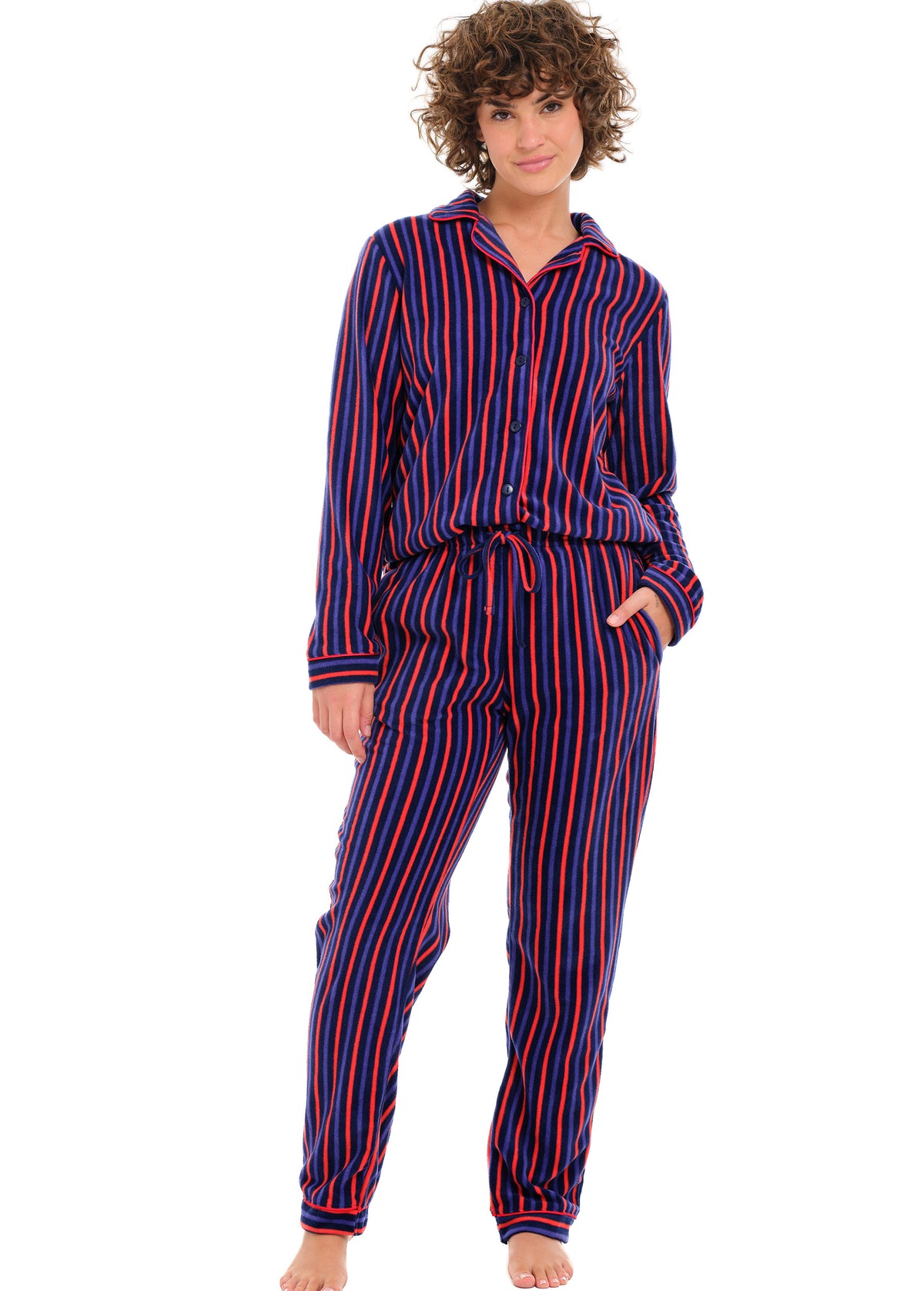 Cranberry Navy Stripe Lightweight Fleece Pajamas for Women, Long Sleeve Button Up PJ Set with Pockets