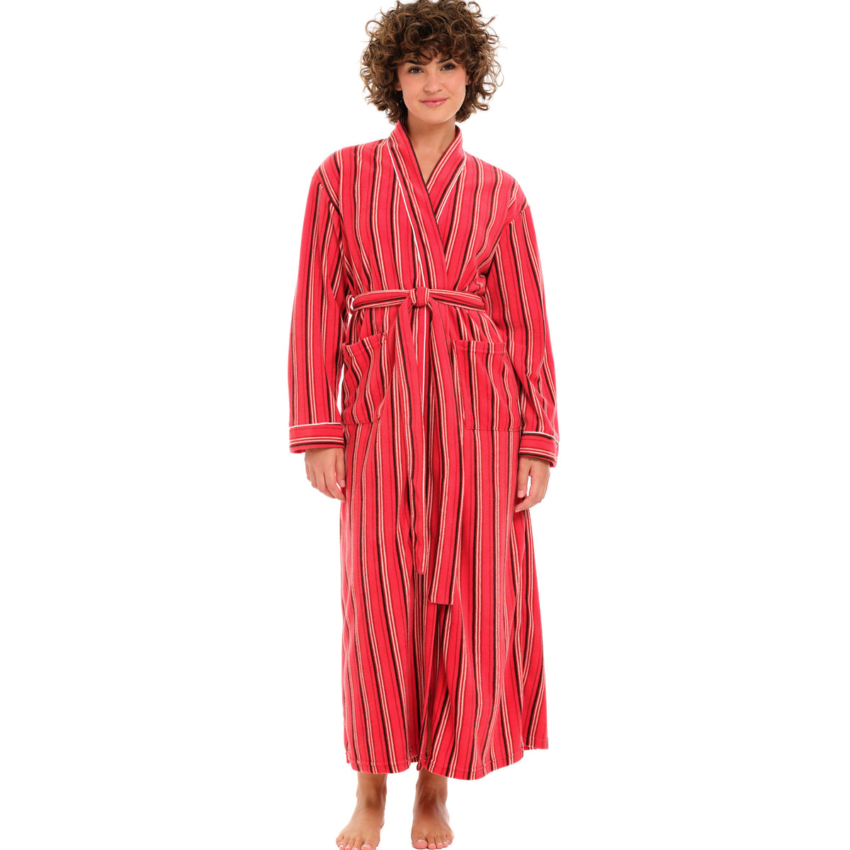 Women's Cabin Stripe Lightweight Fleece Robe – Long Sleeve, Calf Length with Pockets
