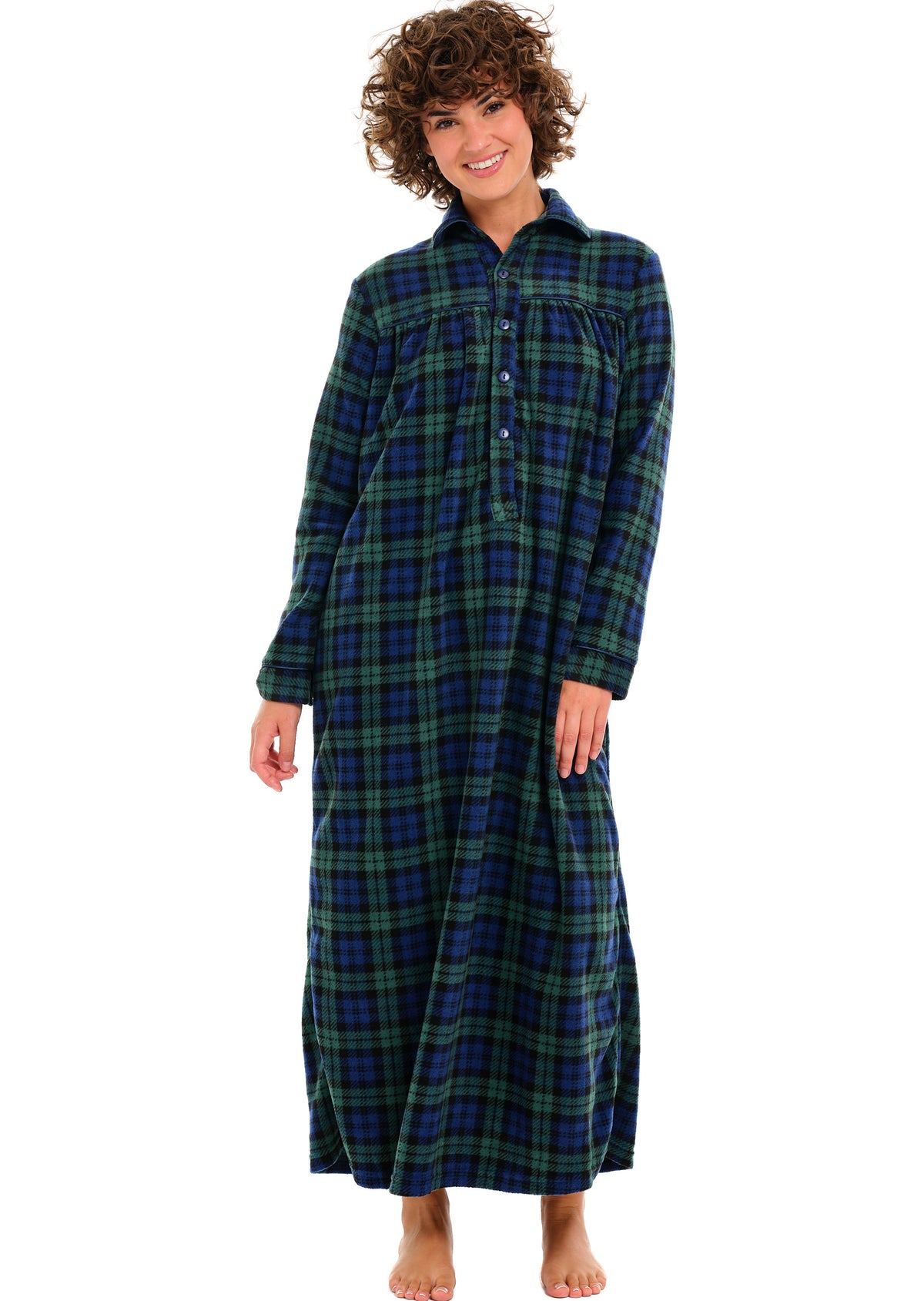 Women's Black Watch Tartan Plaid Polar Fleece Nightgown, Long Button Up Sleep Shirt