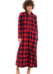 Women's Red and Navy Plaid Polar Fleece Nightgown, Long Button Up Sleep Shirt