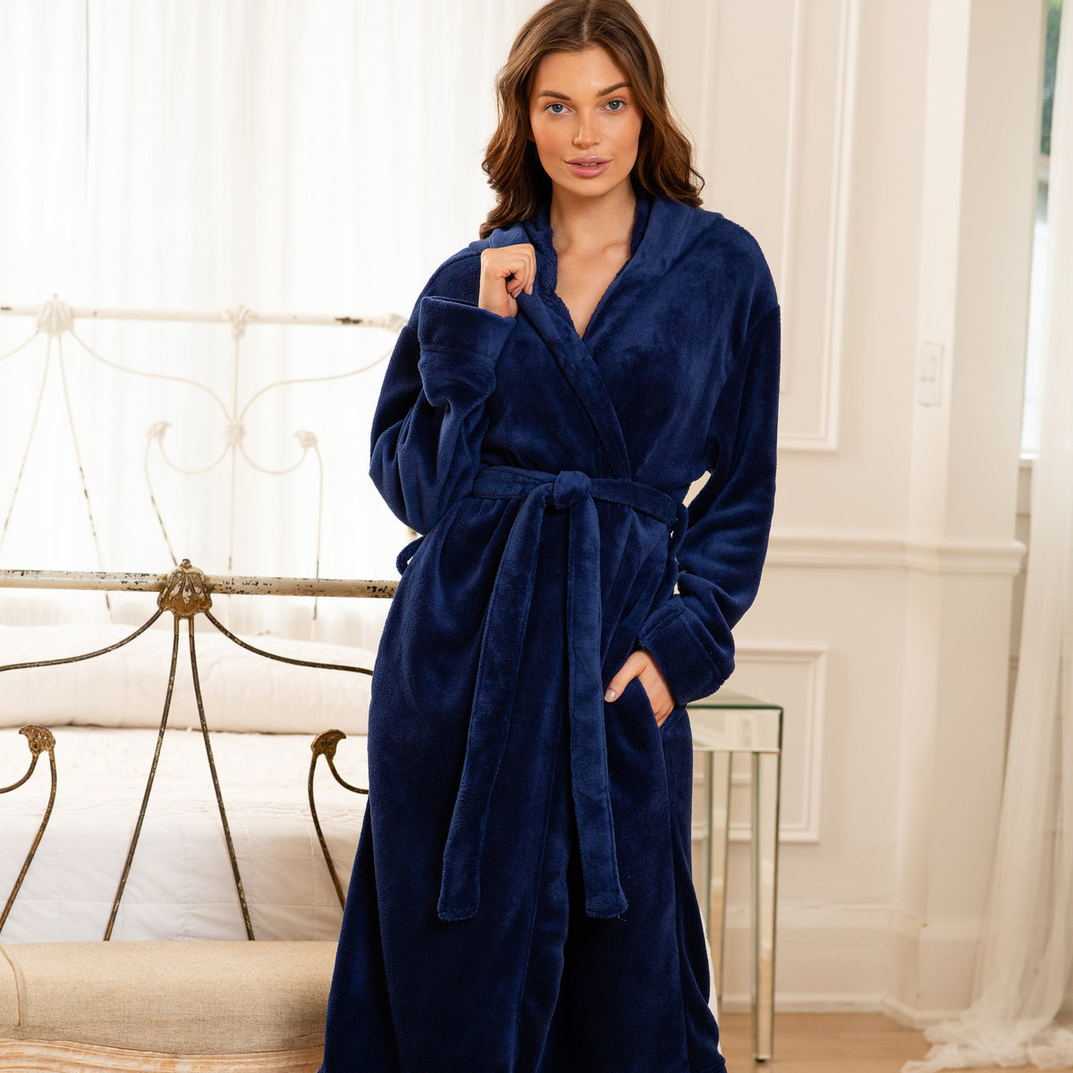 Navy Blue plush fleece hooded robe, lifestyle
