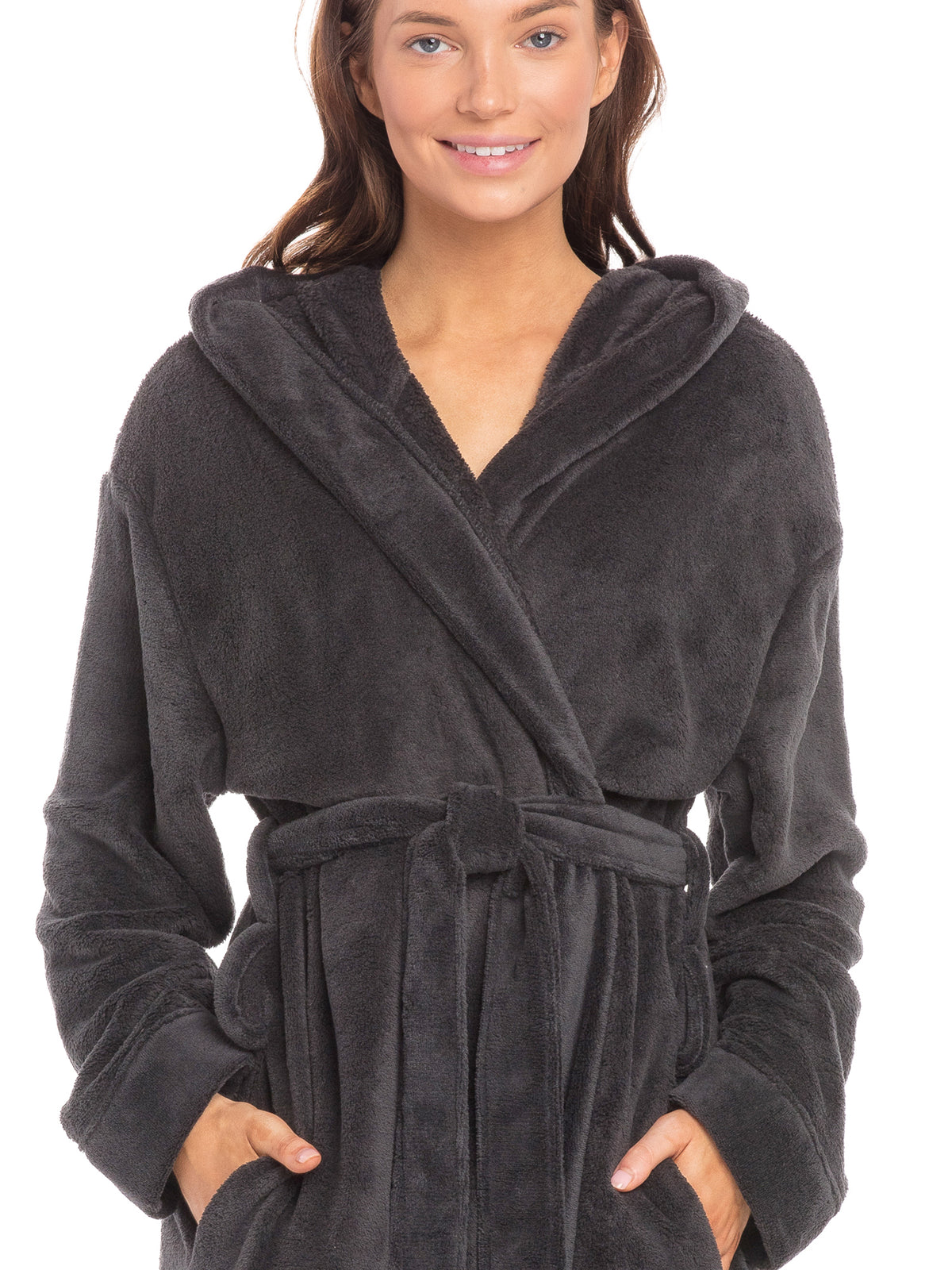 Women's Graphite Gray Plush Fleece Robe with Hood, Lightweight Hooded Bathrobe with Pockets - Graphite Gray - lifestyle