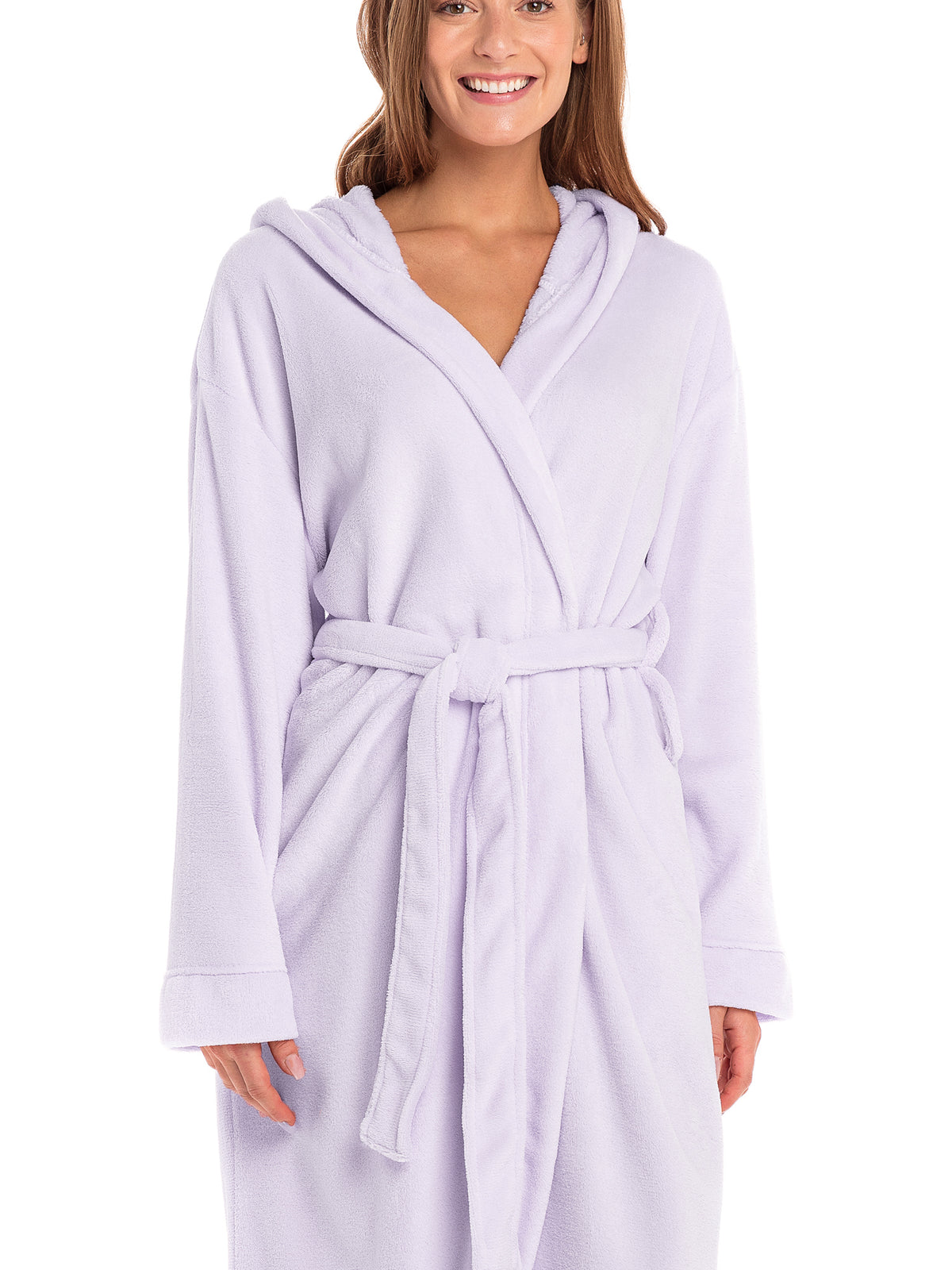 Women's Lavender Plush Fleece Robe with Hood, Lightweight Hooded Bathrobe with Pockets - Lavender - lifestyle