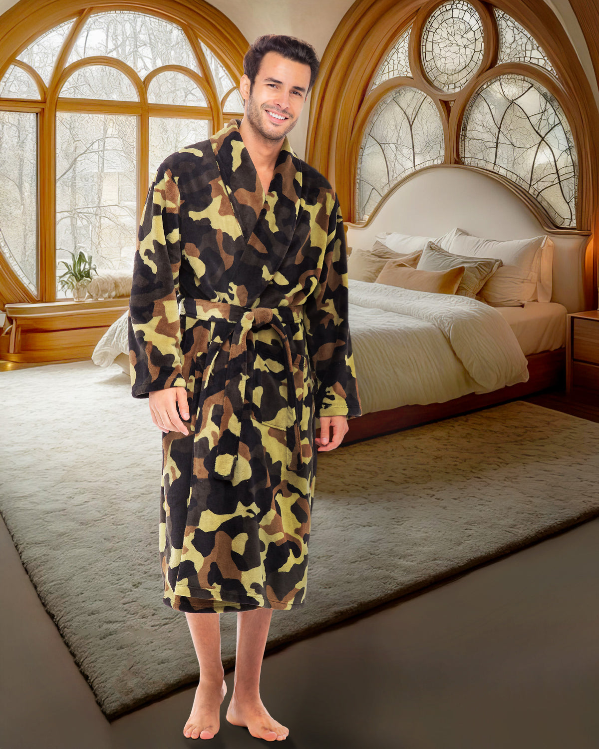 Men's Green Camouflage Classic Winter Robe, Plush Fleece Bathrobe