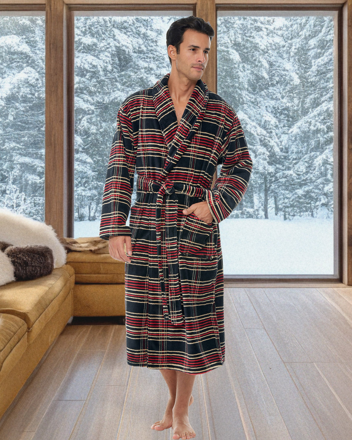 Men's Refined Tartan Plaid Classic Winter Robe, Plush Fleece Bathrobe