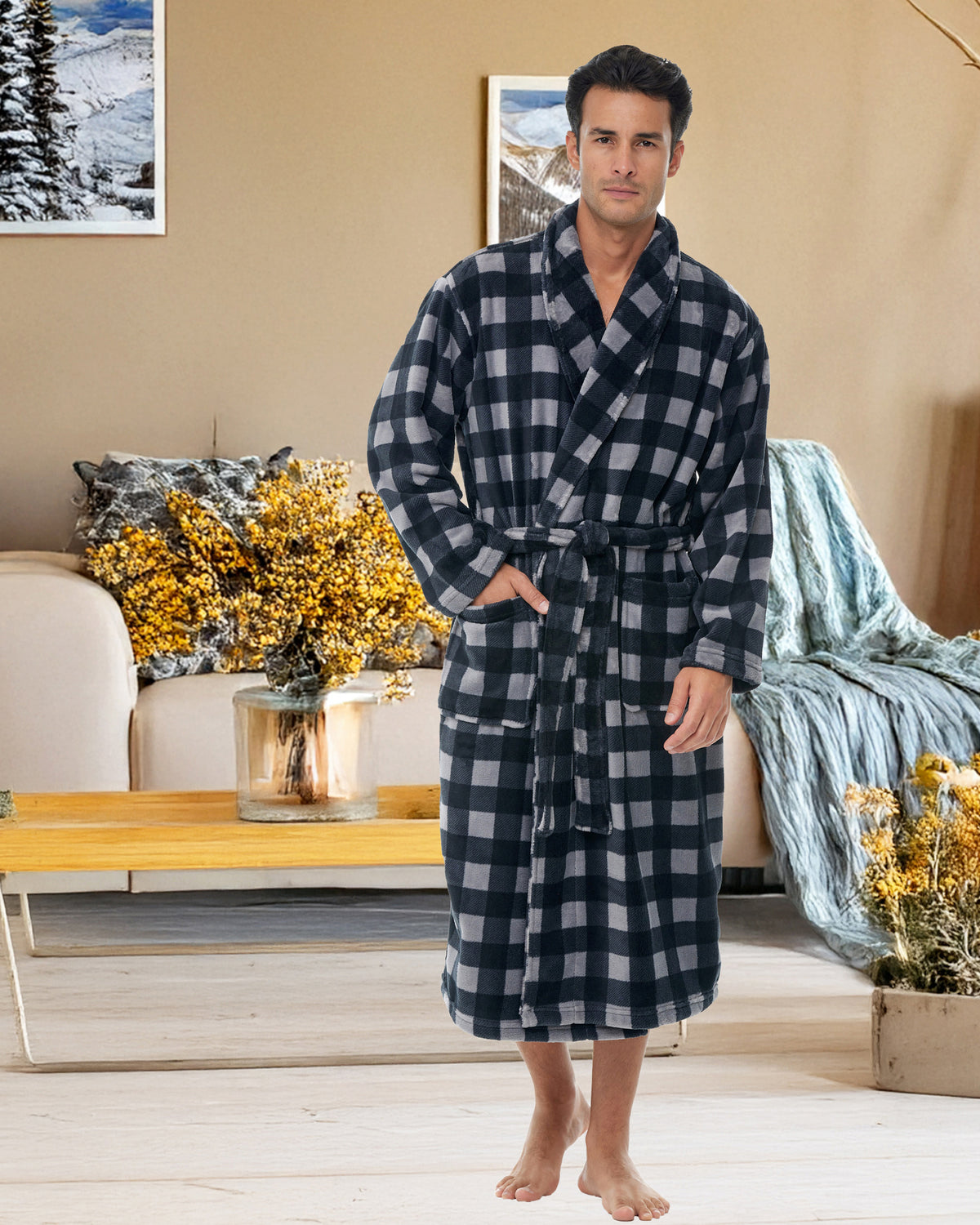 Men's Gray Buffalo Check Classic Winter Robe, Plush Fleece Bathrobe