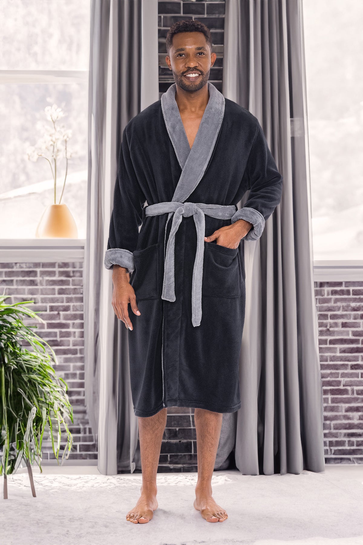Men's Black with Gray Contrast Classic Winter Robe, Plush Fleece Bathrobe