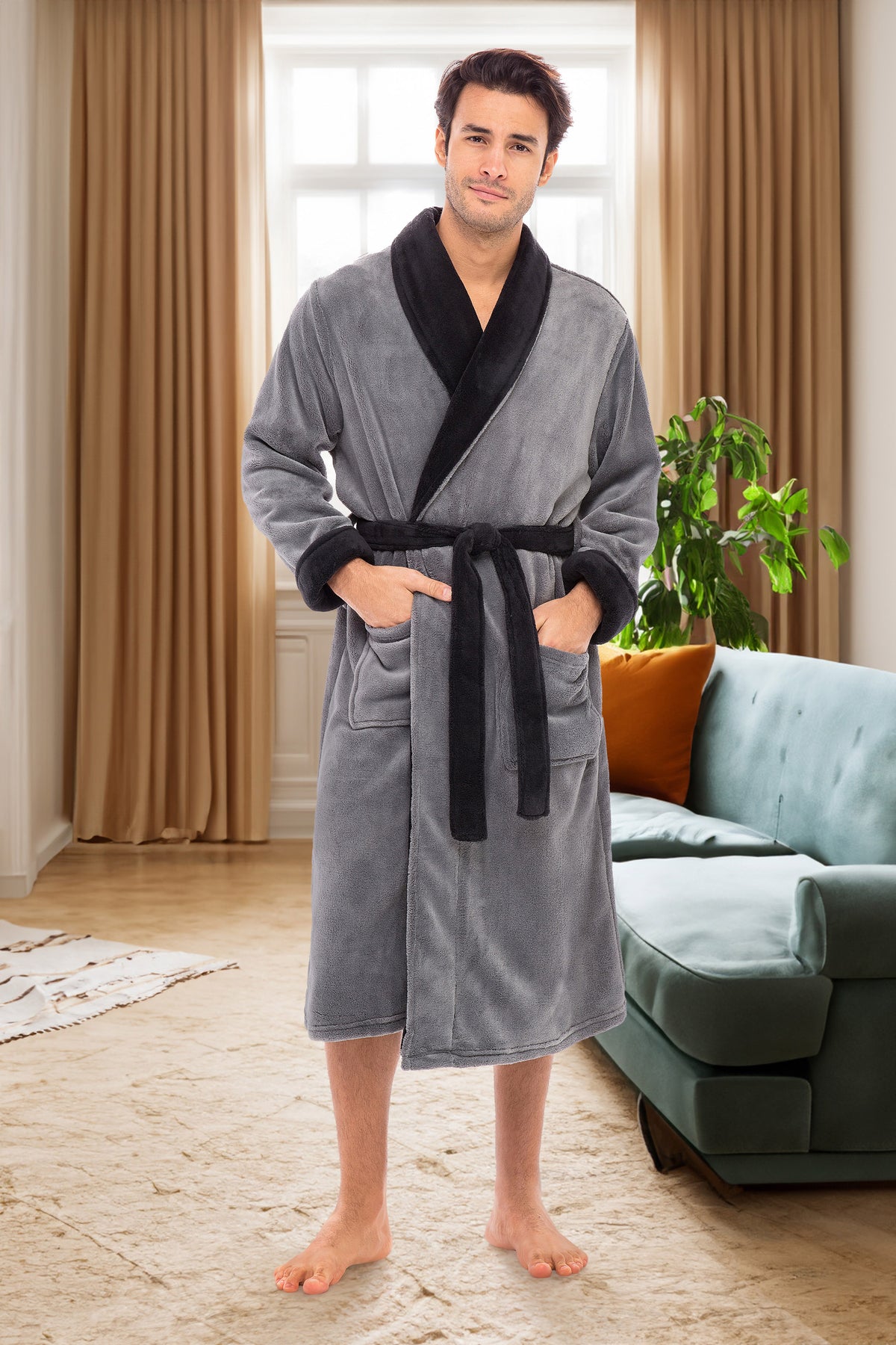 Men's Steel Gray with Black Classic Winter Robe, Plush Fleece Bathrobe