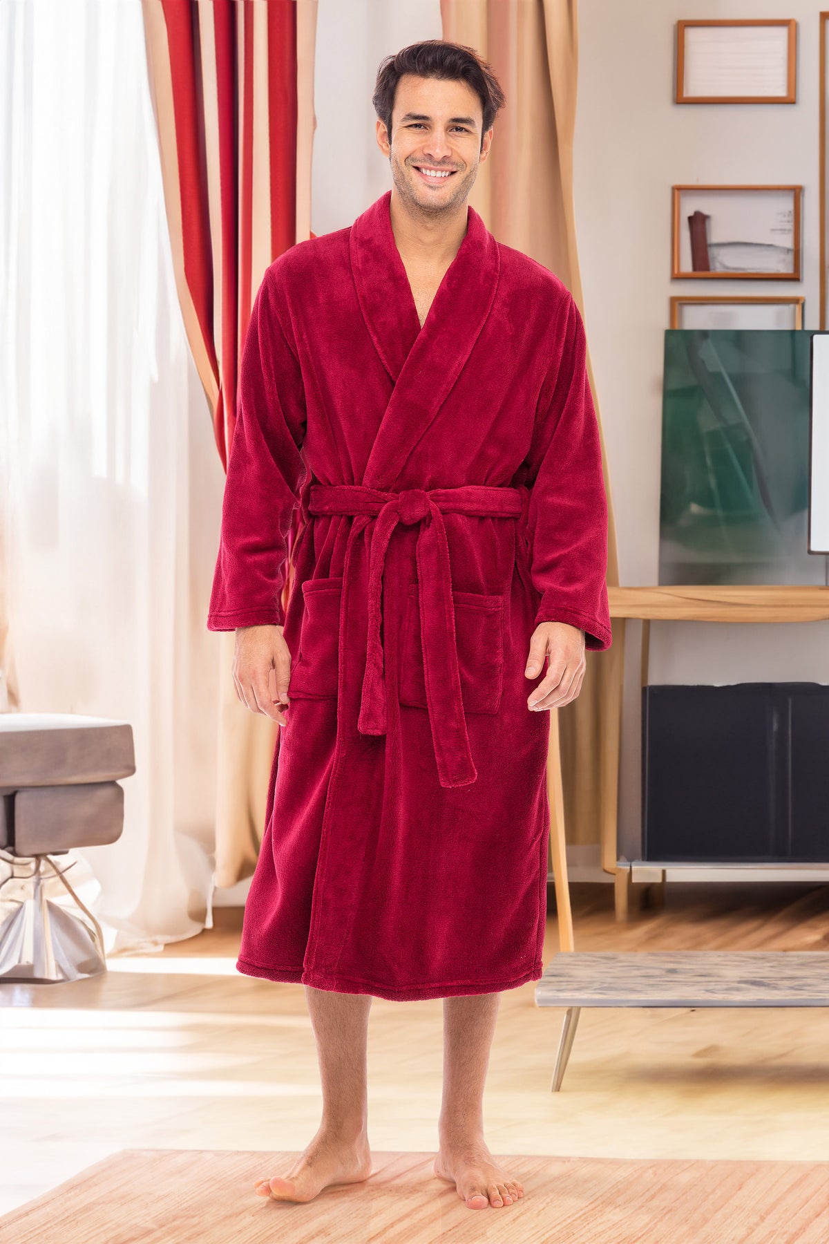 Men's Burgundy 2 Classic Winter Robe, Plush Fleece Bathrobe
