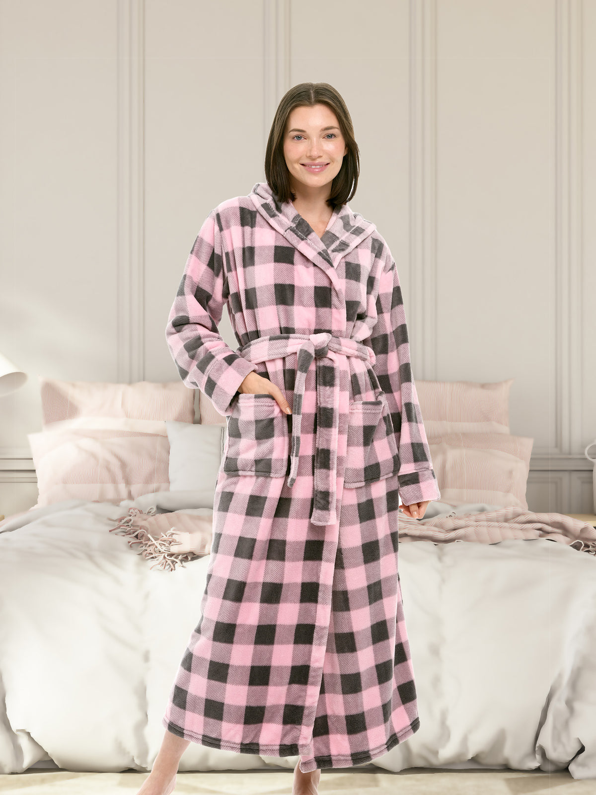 Buffalo Check Pink Gray Plaid Plush Fleece Robe for Women, Long Hooded Bathrobe with Hood, Plus Size