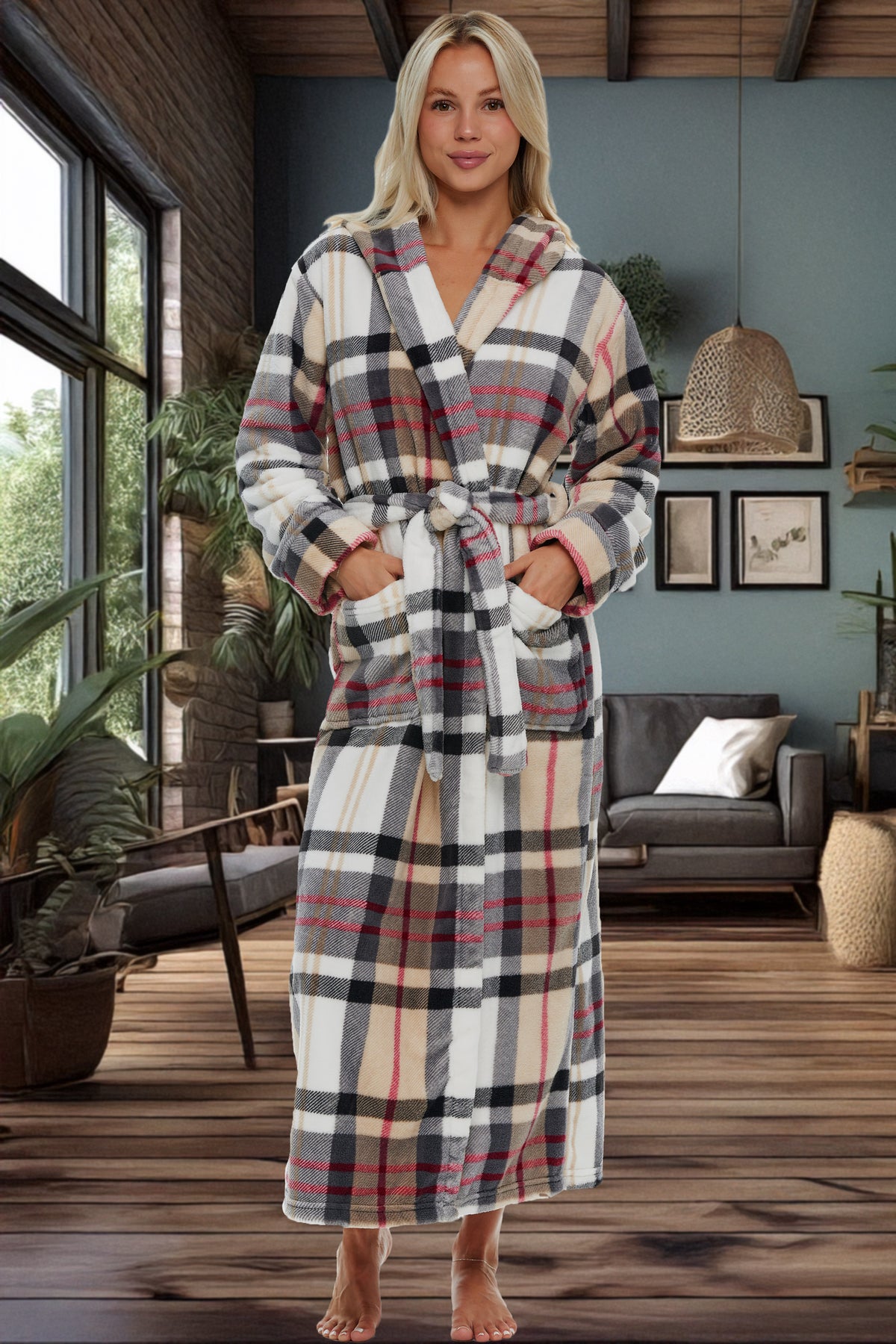 Designer Plaid Plush Fleece Robe for Women, Long Hooded Bathrobe with Hood, Plus Size