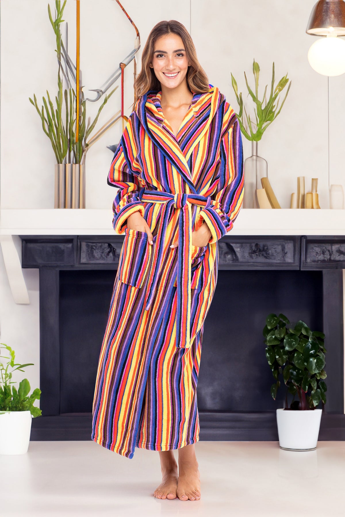 Candy Striped Plush Fleece Robe for Women, Long Hooded Bathrobe with Hood, Plus Size