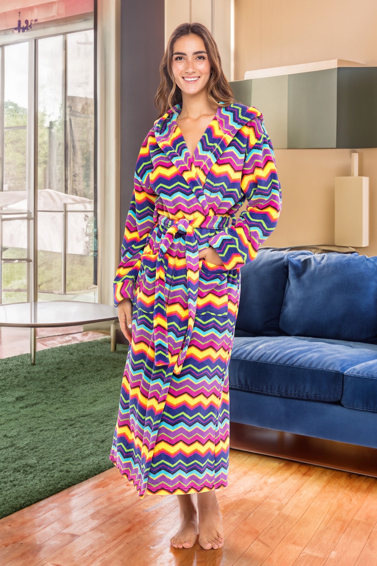 Psychedelic Chevron Fusion Plush Fleece Robe for Women, Long Hooded Bathrobe with Hood, Plus Size