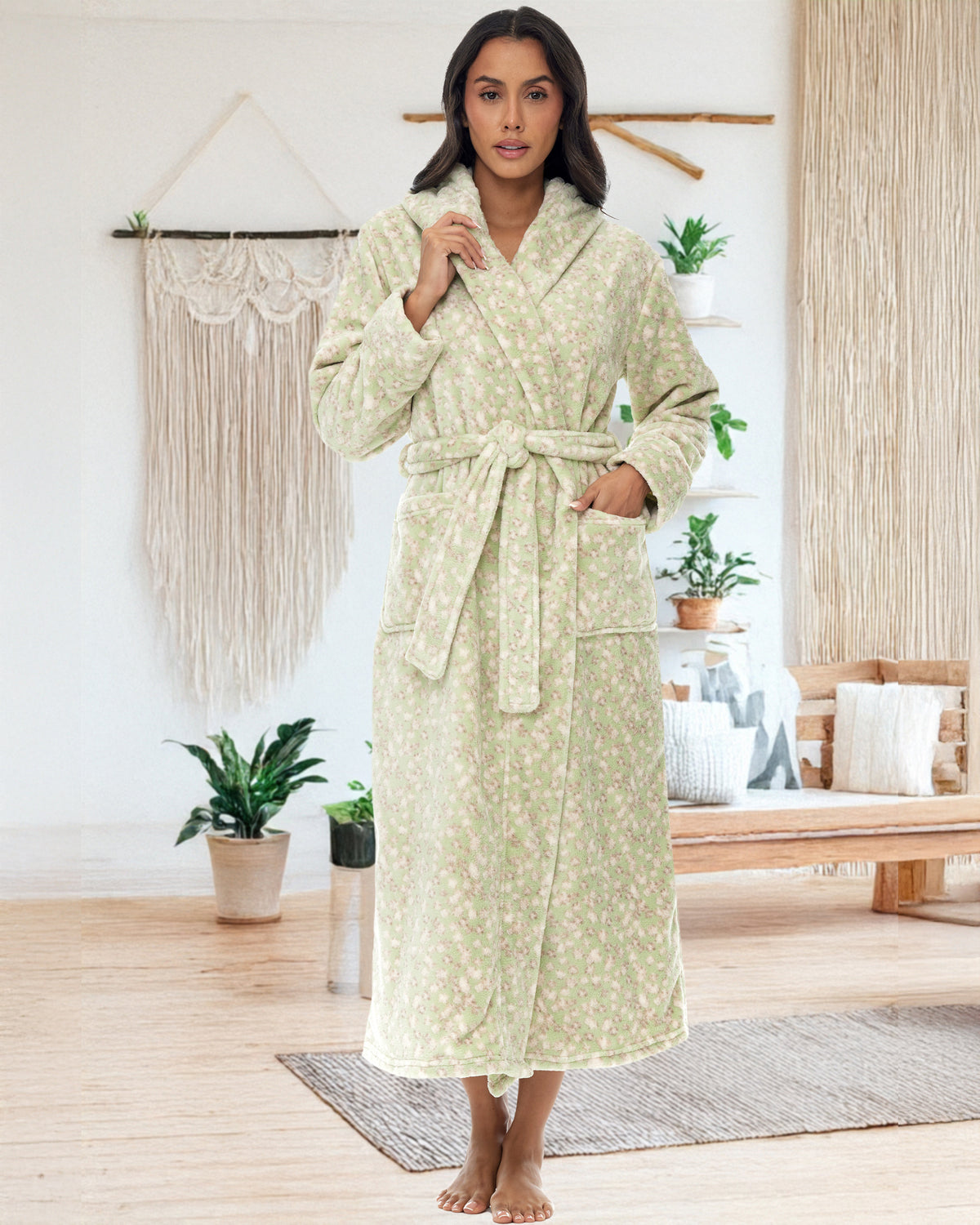 Vintage Floral Plush Fleece Robe for Women, Long Hooded Bathrobe with Hood, Plus Size