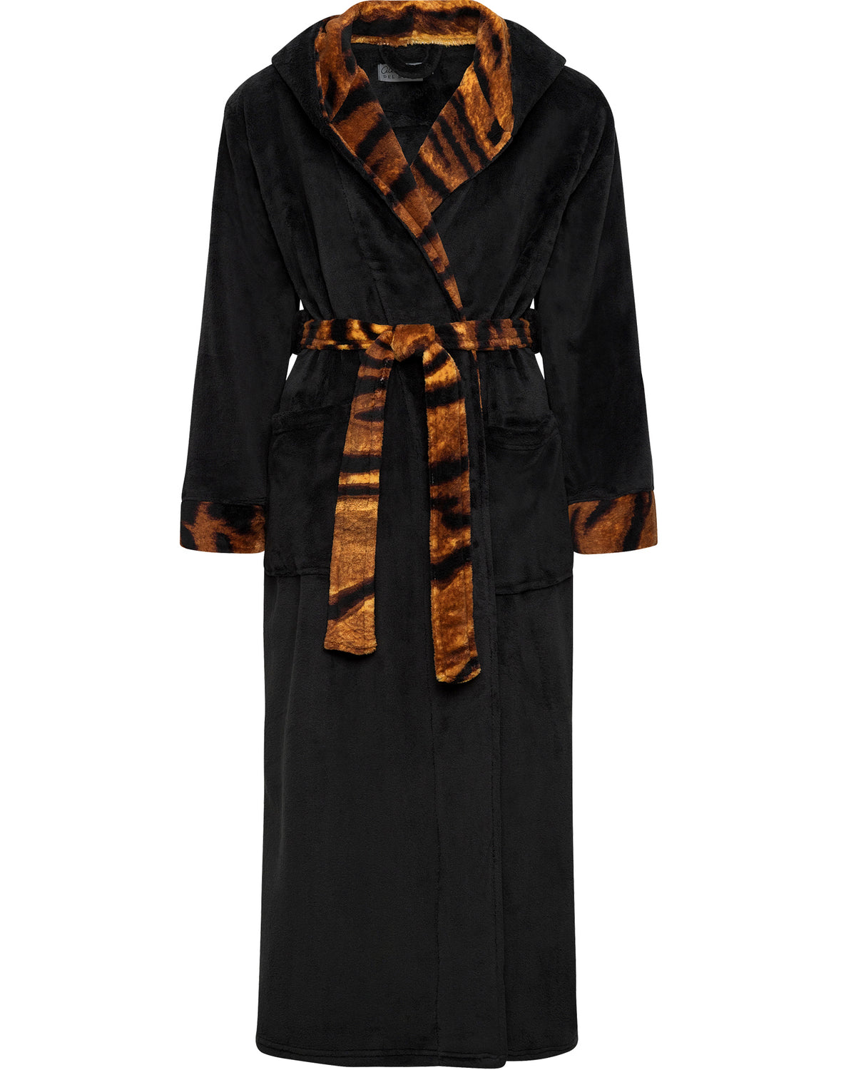 Tiger Print Accents Plush Fleece Robe for Women, Long Hooded Bathrobe with Hood, Plus Size