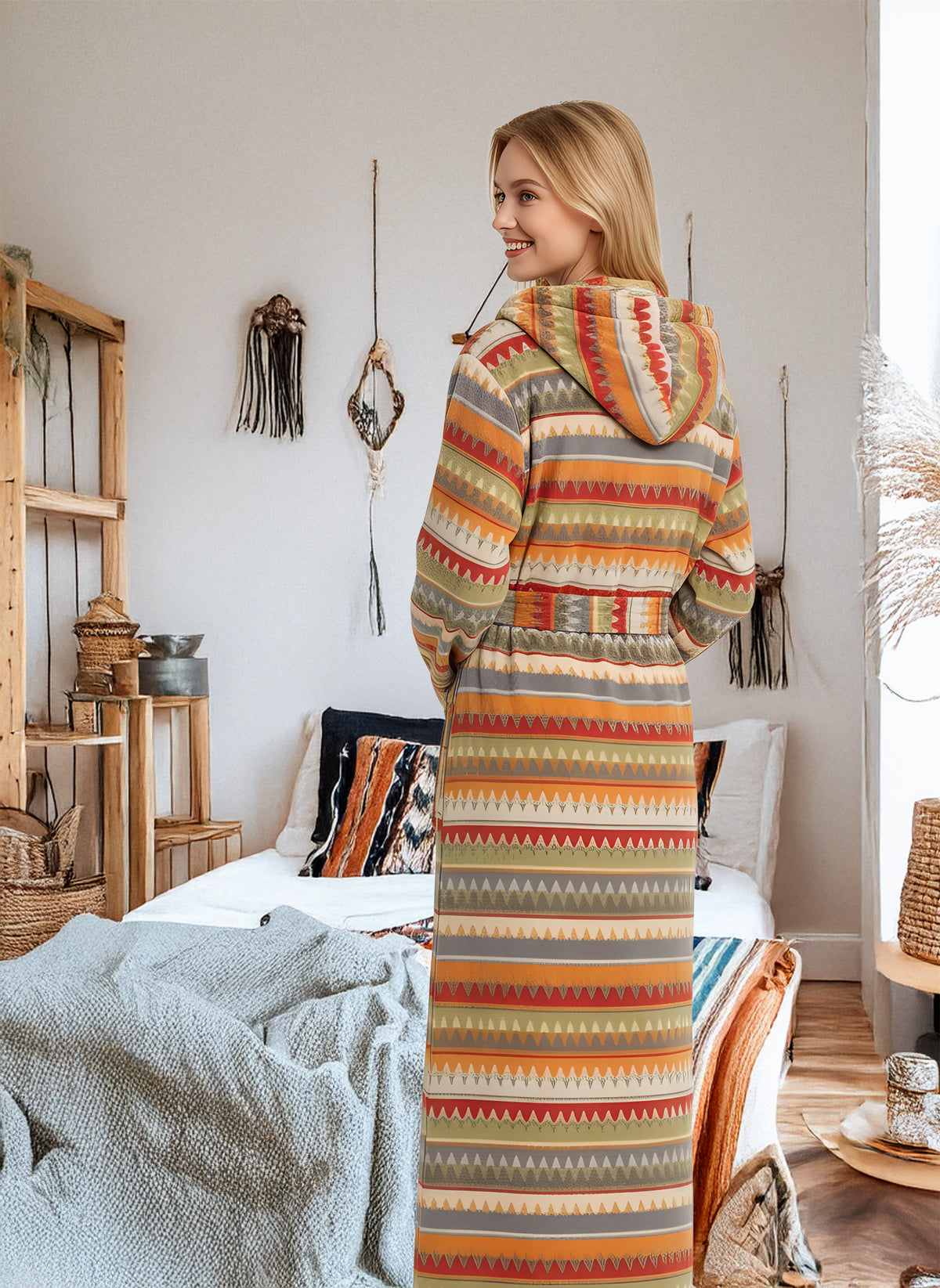 Aztec Inpsired Sunrise Plush Fleece Robe for Women, Long Hooded Bathrobe with Hood, Plus Size