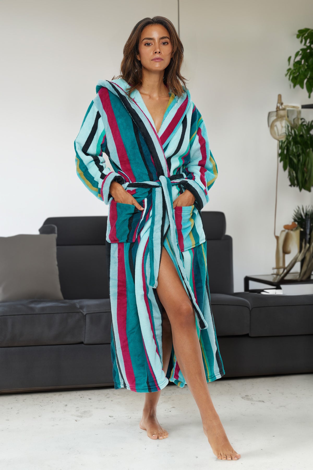 Plush Fleece Robe for Women, Long Hooded Bathrobe with Hood, Plus Size in Stripe and Leopard Print