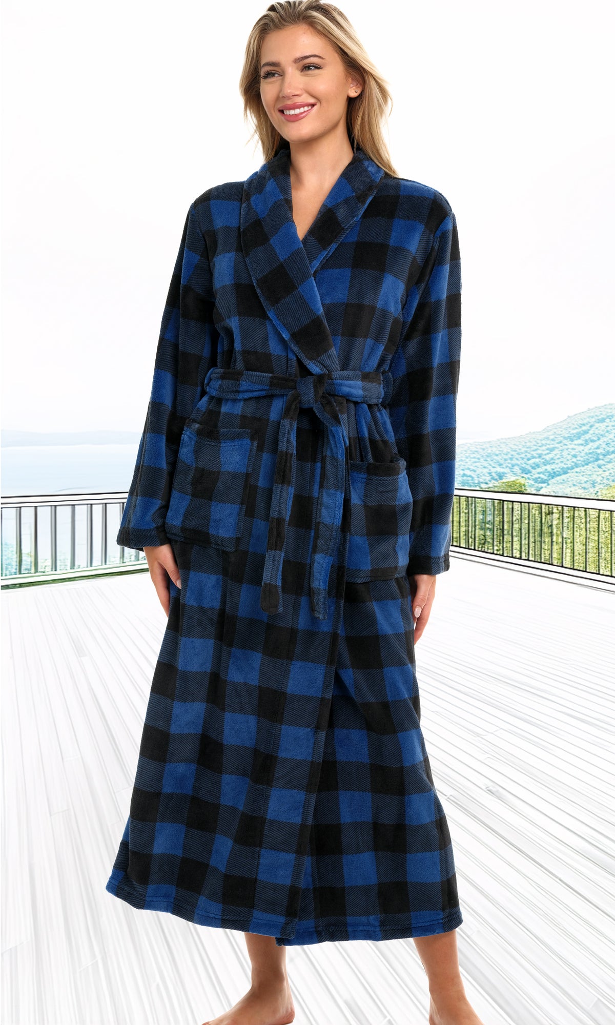 Blue Buffalo Check Plaid Plush Striped Robe for Women, Long Fleece Plaid Winter Bath Robe, Plus Size