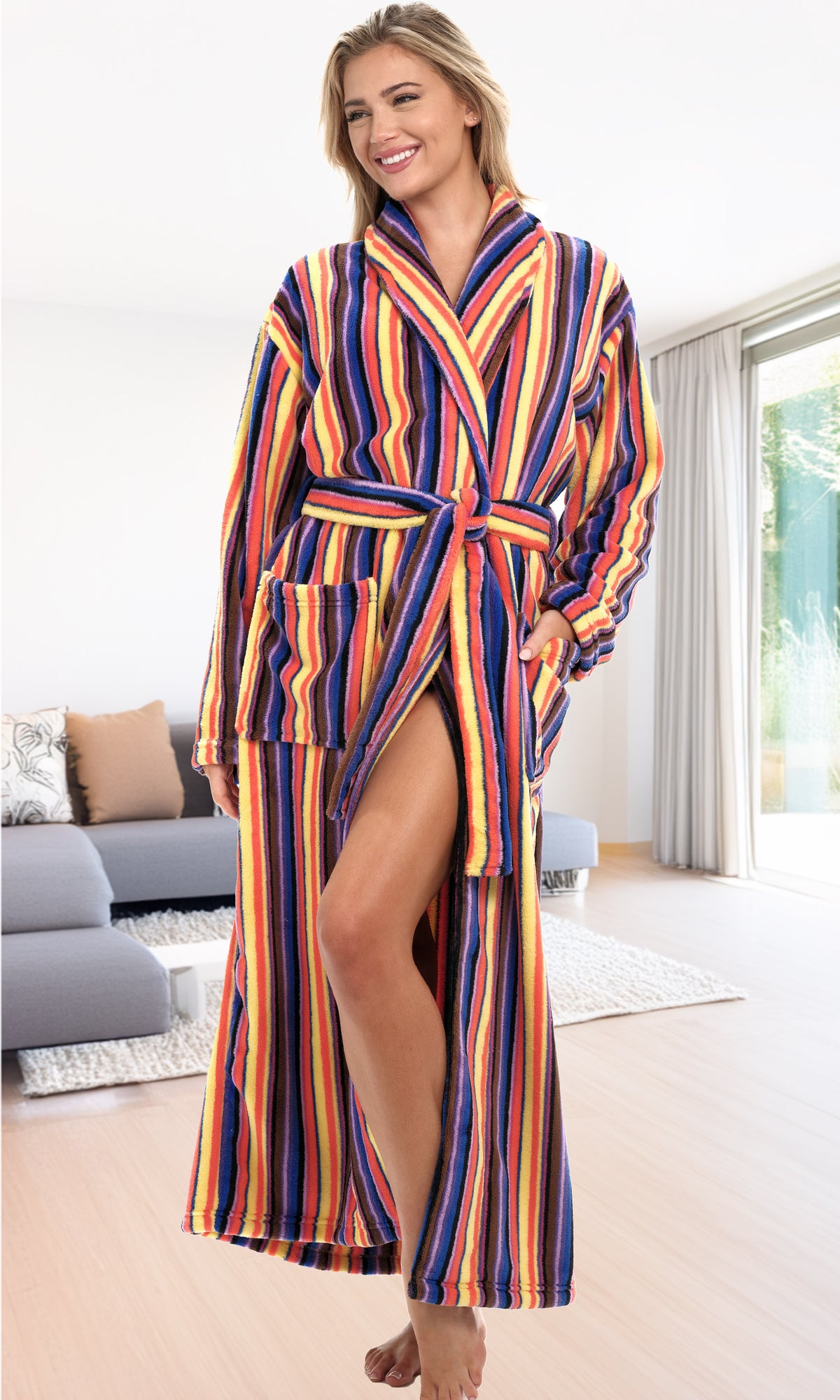 Candy Striped Plush Striped Robe for Women, Long Fleece Plaid Winter Bath Robe, Plus Size