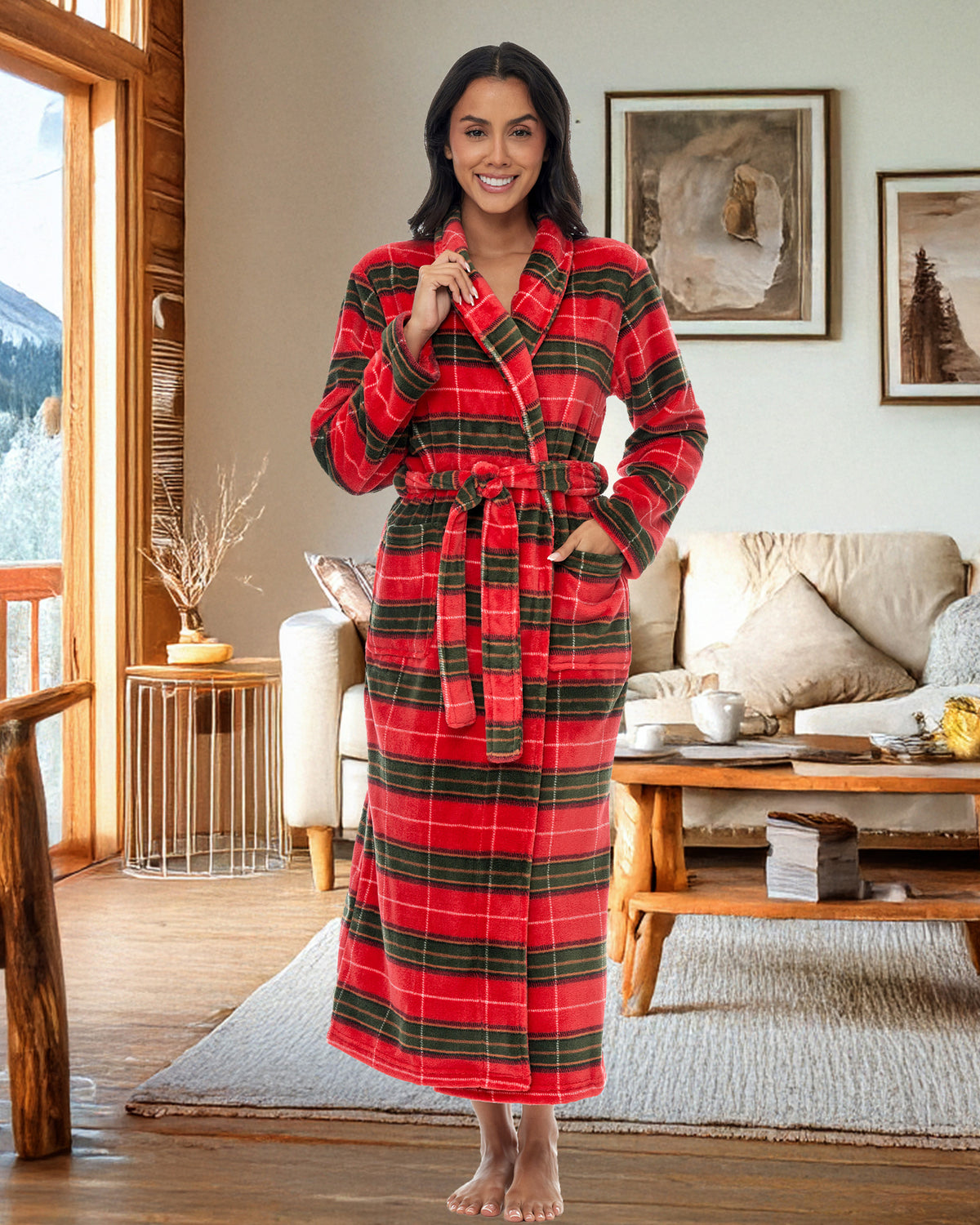 Autumn Harvest Plaid Plush Striped Robe for Women, Long Fleece Plaid Winter Bath Robe, Plus Size