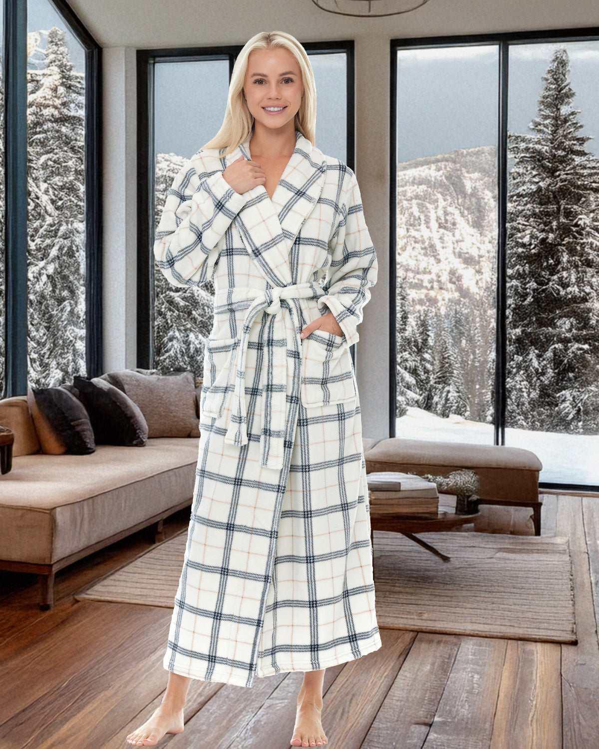 Classic Neutral Plaid Plush Striped Robe for Women, Long Fleece Plaid Winter Bath Robe, Plus Size