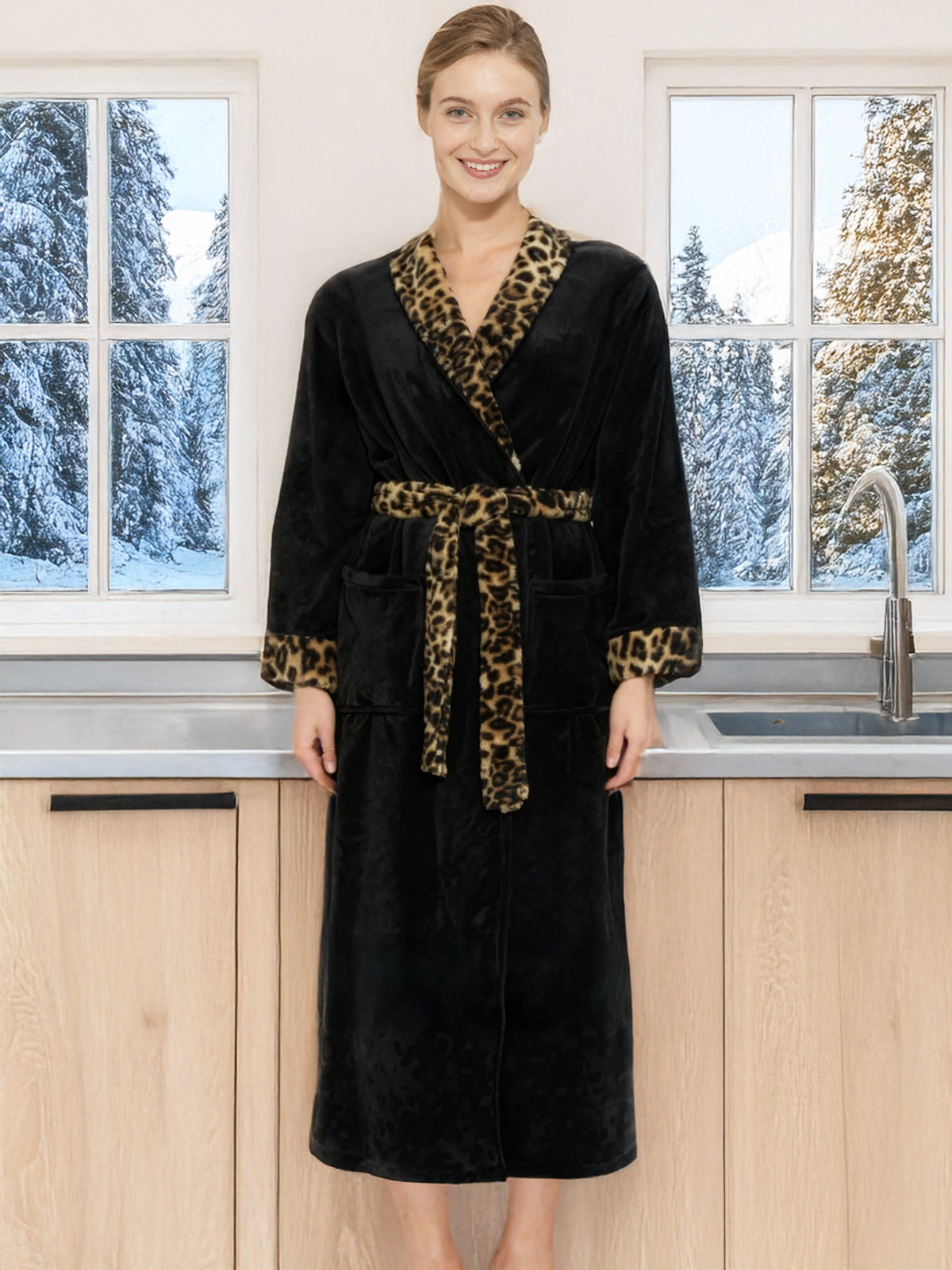 Leopard Print Accent Plush Striped Robe for Women, Long Fleece Plaid Winter Bath Robe, Plus Size