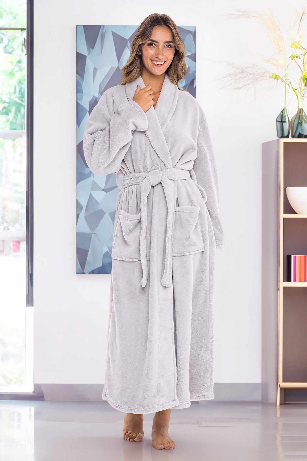 Light Gray Plush Striped Robe for Women, Long Fleece Plaid Winter Bath Robe, Plus Size