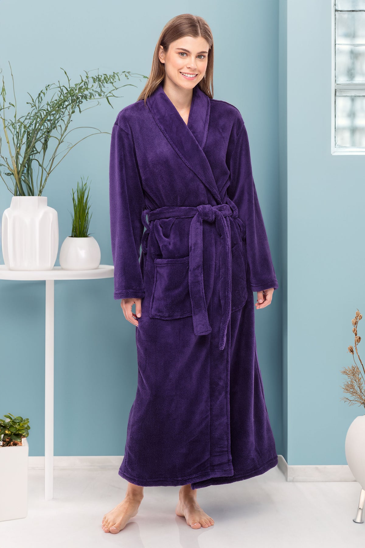 Purple Plush Striped Robe for Women, Long Fleece Plaid Winter Bath Robe, Plus Size