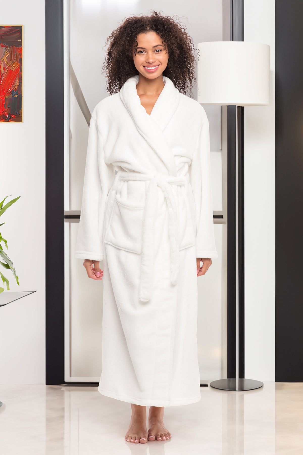 White Plush Striped Robe for Women, Long Fleece Plaid Winter Bath Robe, Plus Size