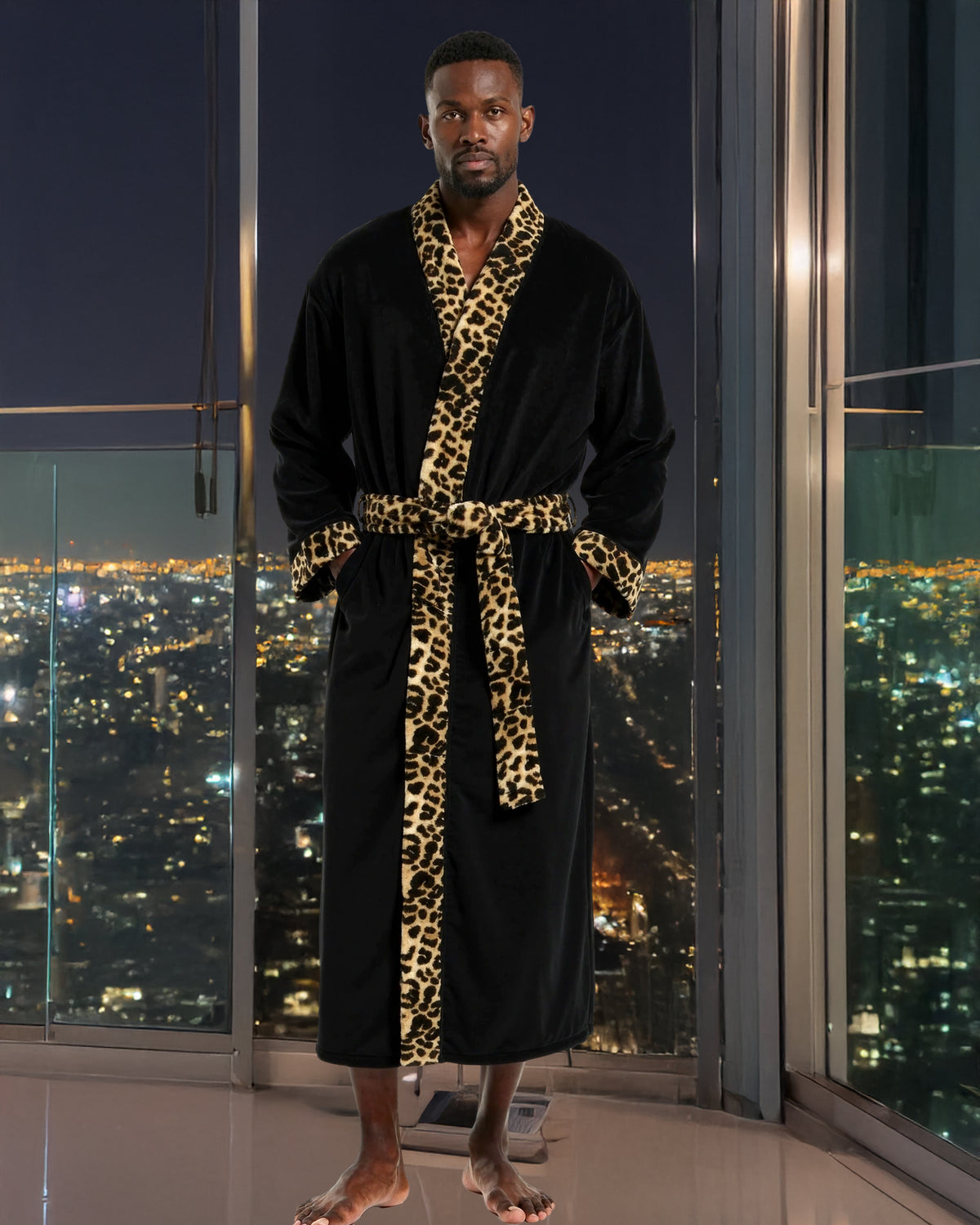 Mens Leopard Print Accent Kimono Robe, Japanese Robe for Men