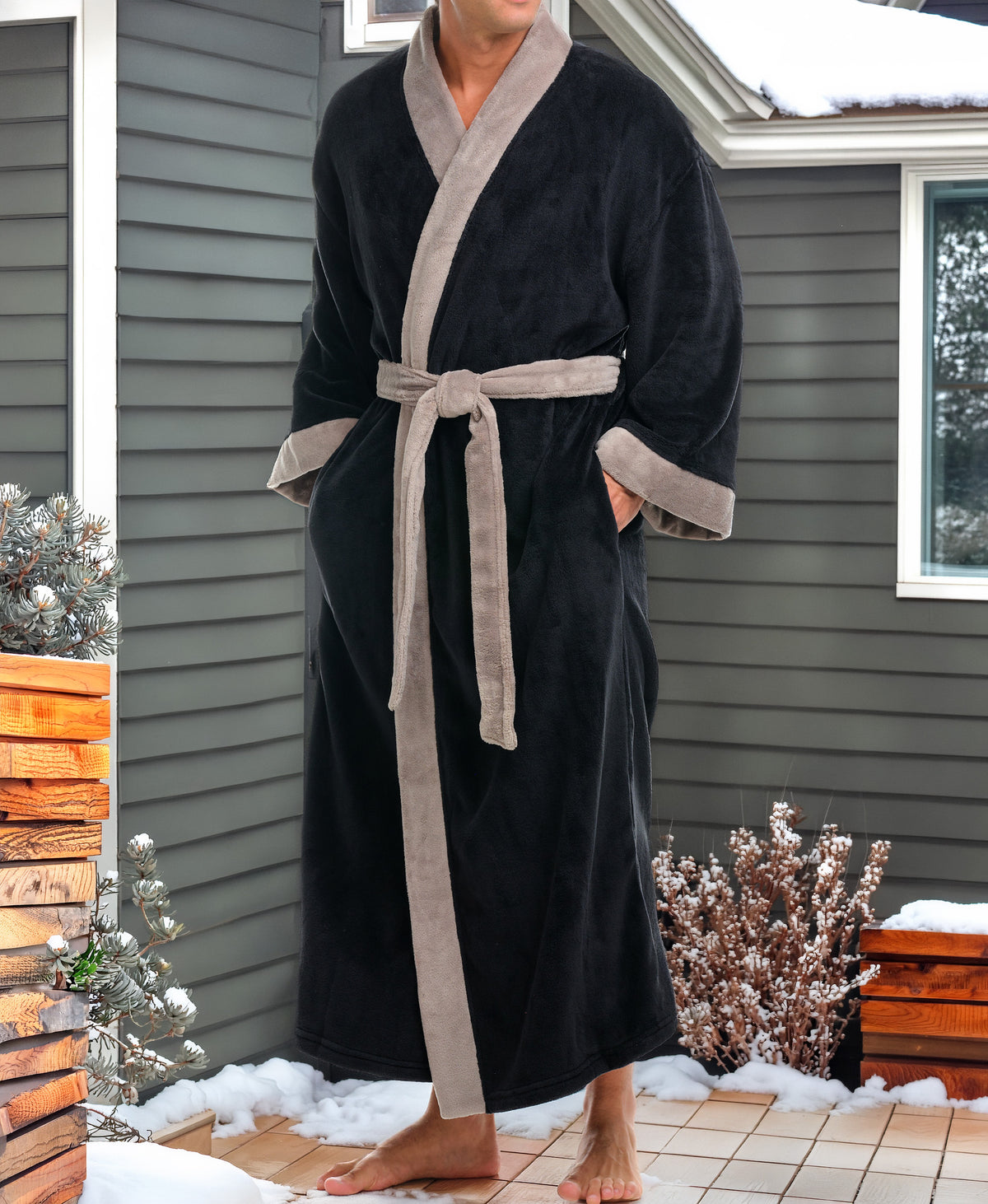 Mens Black with Beige Kimono Robe, Japanese Robe for Men