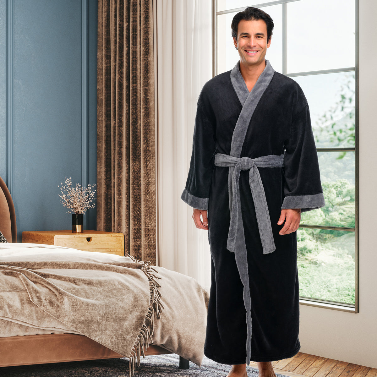 Mens Black with Gray Kimono Robe, Japanese Robe for Men