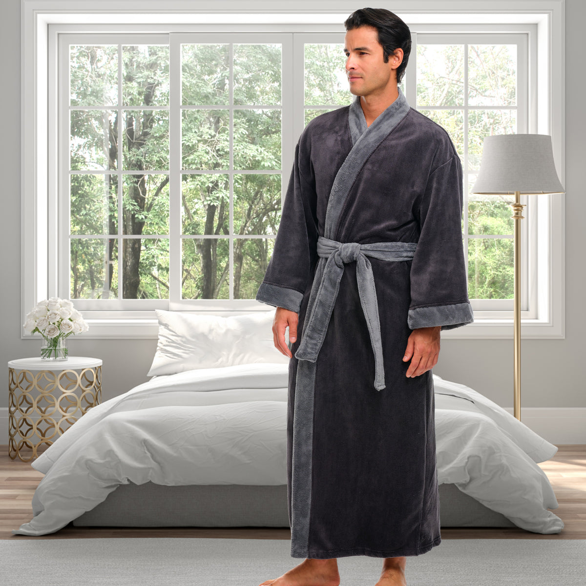 Mens Gray on Gray Kimono Robe, Japanese Robe for Men